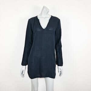 CP Shades Women's Linen V-Neck tunic Blouse navy blue size Medium Made in USA